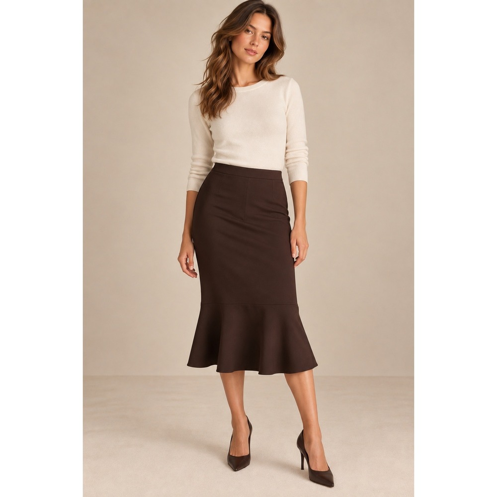 Elie Tahari Brown Mermaid Flounce Hem Midi Skirt Stretch Viscose Size 4 E902W302